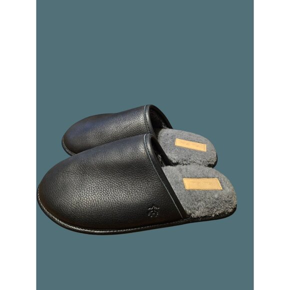 Brooks Brothers Shearling Lined Black Leather Slippers Men Size 9